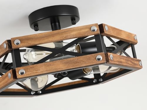 3 Light Rustic Farmhouse Wood Flush Mount Ceiling Light Fixture Oak Wood and Metal Cage Semi Flush Mount Ceiling Light for Hallway Hall Entry Bedroom Kitchen Farmhouse