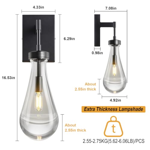 Raindrop Wall Sconces Set of Two Black Sconces Wall Decor Modern Wall Lighting Glass Bathroom Sconces Indoor Vanity Light Wall Lamp for Bedroom Living Room Stair (2 Count)