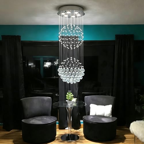 Crystal Modern Chandelier Contemporary 2 Balls Raindrop Crystal Chandelier Flush Mount Cylinder Chandelier Light Fixture Ceiling Lamp for Dining Room Living Room Kitchen Foyer Hallyway Bar