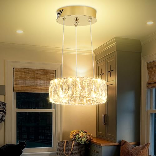 Modern LED Dimmable Crystal Chandelier 8" Ring Gold Pendant Light Fixtures for Kitchen Island Dining Room Living Room