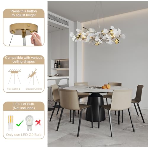 L31.5 Inch Branch Chandelier Ceramic Ginkgo Leaf Chandeliers Brass Hanging Lights Fixtures for Dining Room Living Room Kitchen Island