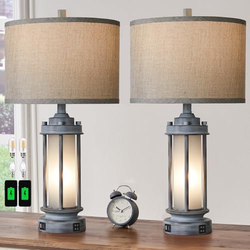 Set of 2 Rustic Table Lamps for Living Room with 2 USB C+A Ports (2 Count)