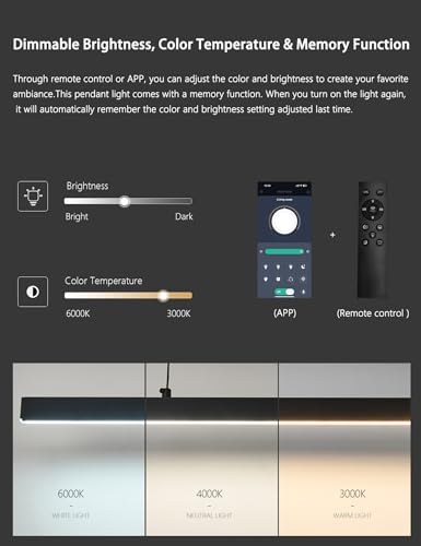 Modern Black Linear Pendant Lights Kitchen Island Lighting Minimalist Led Chandeliers Pool Table Light Dimmable Ceiling Hanging Light Fixture Dining Room with Remote Control