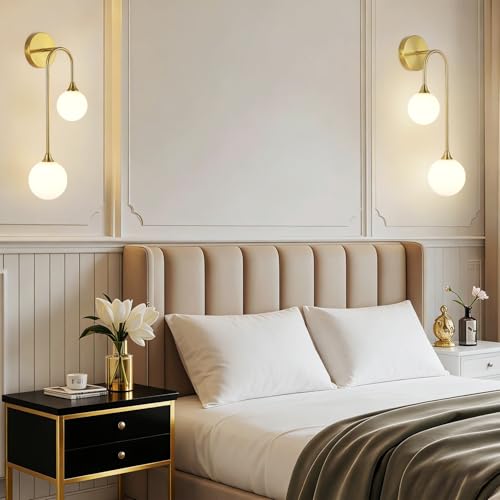 Mid Century Modern Wall Sconce Set of 2 Brushed Gold Milk Glass Sconces with Double Ball Hardwired Wall Light for Bedside Bedroom Bathroom Living Room Corridor G9 Base