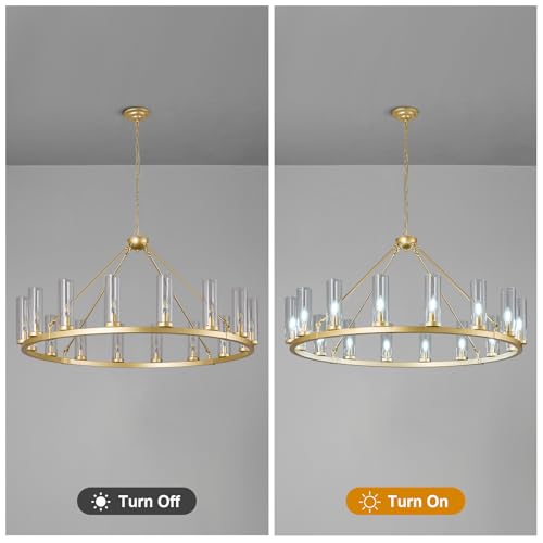16 Light Large Wagon Wheel Chandelier with Clear Glass Shade Gold Round Pendant Light Farmhouse Industrial Chandeliers Dining Room Light Fixture for Stair Living Room Foyer Kitchen