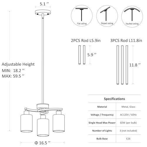 3 Light Modern Farmhouse Black Pendant Lights Kitchen Island (3 Count)