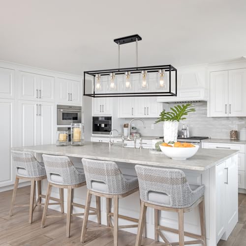 5 Light Dining Room Light Fixture Modern Farmhouse Chandeliers Over Table Black & Brushed Nickel Rectangular Pendent Lighting for Kitchen with Glass Shade Hanging Industrial Ceiling Light