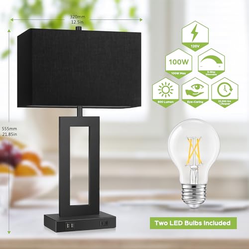 22" Black Modern Table Lamp Set of 2 with 2 USB Ports&AC Outlet (2 Count)