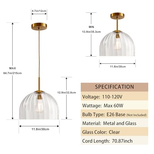Clear Ribbed Glass Pendant Light Kitchen Island 11.8Inch Brass Hanging Lamp