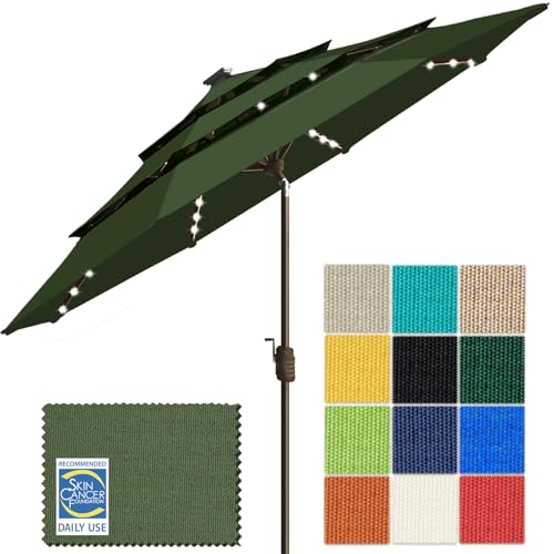 USA 10-Year-Non-Fading 9ft 3-Tier Market Patio Umbrella, Commercial Table Umbrella with 80 Solar LED Lights, Crank Open, Windproof & UPF 50+ UV Protection for Garden, Deck, Pool, Backyard, Fern