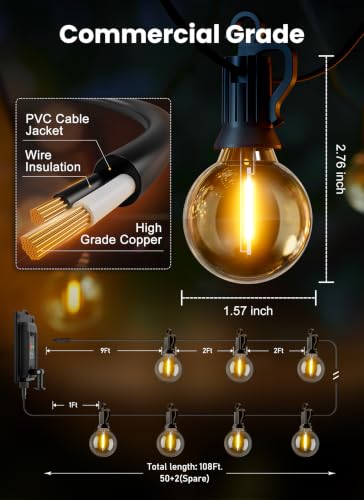 108FT 52LED Solar String Lights Outdoor with Remote & USB Port (108 Foot)