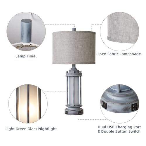 25" Rustic Farmhouse Nightstand Lamp with 2 USB C+A Ports