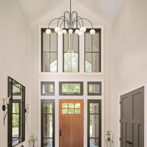 Black Sputnik Chandelier with Milk Glass Globe 12 Lights L52 Inch