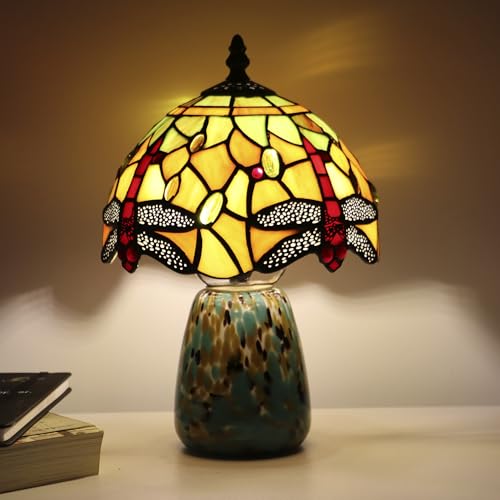 Tiffany Mushroom Table Lamp Dragonfly Style Yellow Stained Glass Accent Lamp Brown Blue Glass Base 8X8X12 Inch