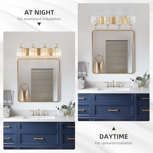 4 Light Modern Vanity Lights Brushed Brass Bathroom Light Fixtures Over Mirror Gold Bathroom Vanity Lighting with Crystal Shade E26 Base Wall Sconce for Bedroom Living Room Restroom Wall Lamp