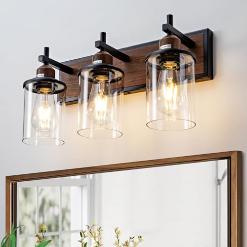 3 Light Farmhouse Bathroom Light Fixtures Vintage Vanity Lights Over Mirror Black and Wood Painted Metal Vanity Light with Glass Shades E26 Socket