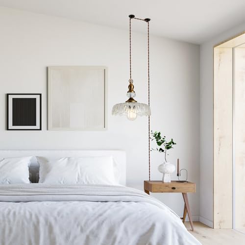 Plug in Glass Pendant Light Fixture Brass Vintage Adjustable Chandelier Brushed Gold Hanging Ceiling Light for Farmhouse Hallway Bedroom Foyer Kitcken Dining Room Island