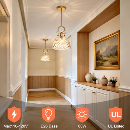 Gold Pendant Light Kitchen Island 9.84'' Striped Amber Glass Shade (2 Count)