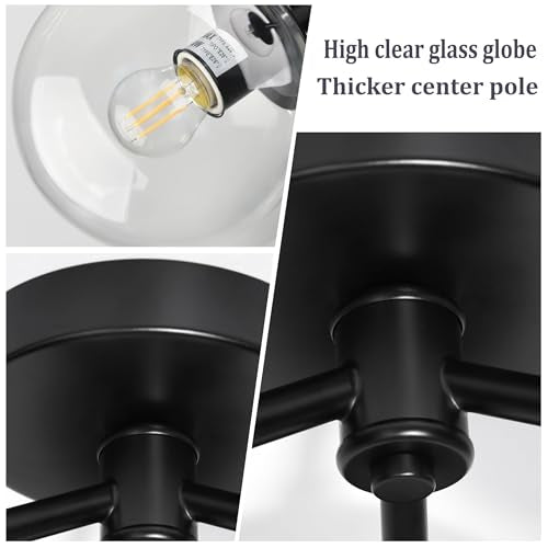 3 Light Modern Black Semi Flush Mount Ceiling Light Clear Glass Globe Ceiling Lights Mid Century Black Chandelier 3 Light Sputnik Ceilings Lights Fixture for Bedroom Hallway Entryway