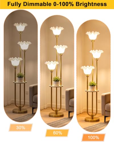 Flower Floor Lamp for Living Room Dimmable Vintage Floor Lamp with Shelf& Bulbs Included Mid Century Gold Floral Standing Tall Lamp for Bedroom (3 Count)