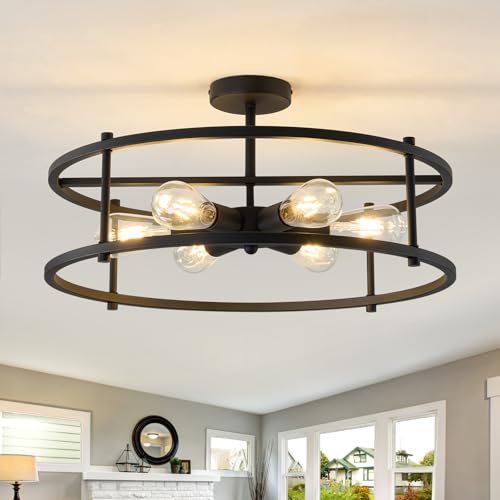 Large Semi Flush Mount Ceiling Light Fixture Black Cage Ceiling Light 6 Light Chandelier for Kitchen Dining Room Entryway Living Room Bedroom Foyer