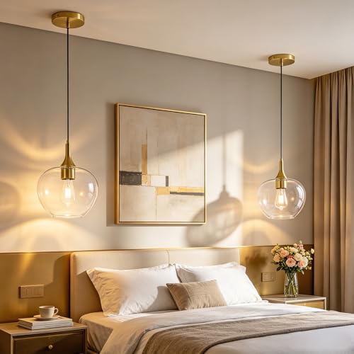 9.45in Gold Pendant Lights Kitchen Island with Clear Glass Shade 2Pack