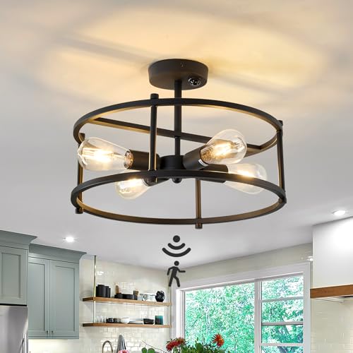 Motion Sensor Ceiling Light Indoor Industrial 4 Light Semi Flush Mout Ceiling Light Fixture Black Overhead Light for Entryway Hallway Closet Porch Front Farmhouse