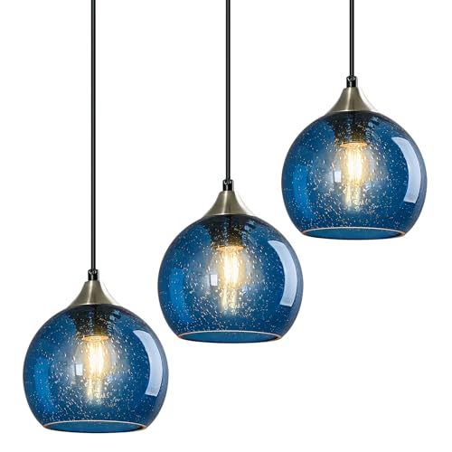 Blue Glass Pendant Lights Kitchen Island Lighting Globe Pendant Light Fixtures Modern Pendant Lighting for Kitchen Island Bedroom Living Dining Room Light Fixture (3 Count)