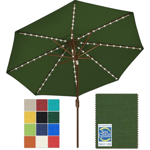 USA 10-Year-Non-Fading 9ft Market Patio Umbrella, Commercial Grade Table Sun Umbrella with 80 Solar LED Lights, Crank Open, Windproof & UPF 50+ UV Protection for Garden, Deck, Pool, Backyard, Fern