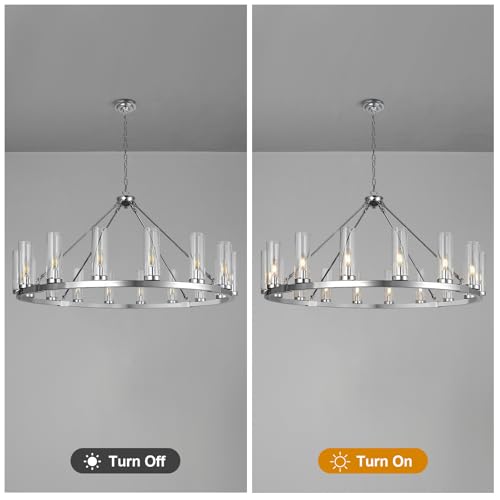 16 Light Large Wagon Wheel Chandelier with Clear Glass Shade Chrome Round Pendant Light Farmhouse Industrial Chandeliers Dining Room Light Fixture for Stair Living Room Foyer Kitchen