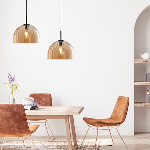 Amber Ribbed Glass Pendant Light Kitchen Island 11.8Inch Black Hanging Lamp