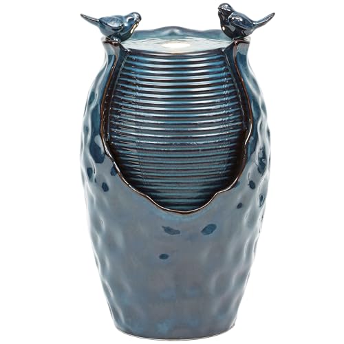 Autodaya 25" H Jar Ceramic Outdoor Water Fountain with LED Lights and Birds