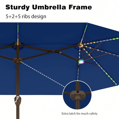 15FT Large Rectangular Patio Umbrella with Solar Lights