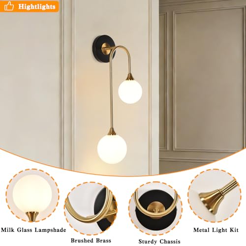 Mid Century Modern Wall Sconce Set of 2 Black and Gold Milk Glass Sconces with Double Ball Hardwired Wall Light for Bedside Bedroom Bathroom Living Room Corridor G9 Base