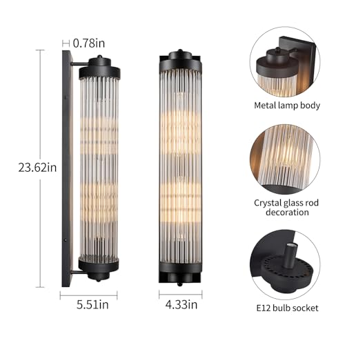 Black Wall Sconces Set of Two with Crystal Glass Strip Bathroom Sconces 2 Light E12 Base Modern Wall Lights for Bedroom Living Room Hallway Wall Light Fixtures