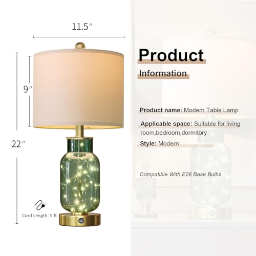 22" Glass Table Lamps Set of 2 with Night Light for Bedroom (2 Count)