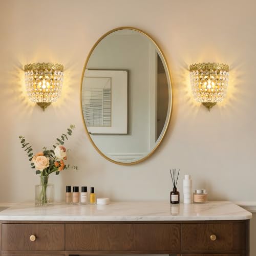 Vintage Crystal Wall Sconces Set of 2 Hardwired Brushed Brass Finish (2 Count)