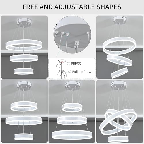 Modern LED Chandeliers Adjustable Hanging White Pendant Light Fixture 3 Ring Flush Mount Chandeliers for Bedroom
