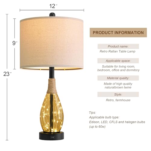 23" Table Lamps for Living Room Set of 2 Bedside Lamps for Night Stands Bedroom Lamps Farmhouse Rattan Boho Lamp Glass Nightlight End Table Lamp