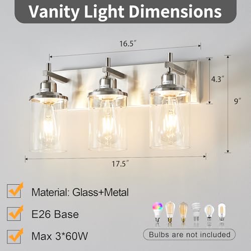 3 Light Brushed Nickel Bathroom Light Fixture Over Mirror Modern Bathroom Vanity Light Vintage Wall Lighting with Clear Glass Shade for Bathroom (3 Count)