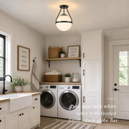 10" Mid Century Ceiling Light Modern Semi Flush Mount Ceiling Light Fixture Globe Ceiling Light Fixture with Milk Glass Shade Matte Black Finish for Kitchen Island Hallway Foyer