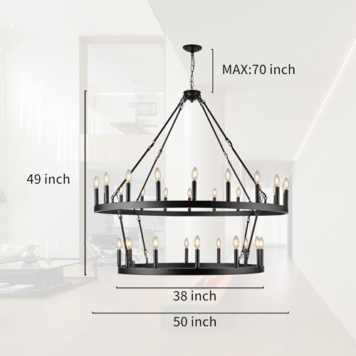 Rustic Farmhouse Black Wagon Wheel Chandelier Large Chandeliers for High Ceilings Kitchen Table Lighting 2 Tier 32 Lights 50 Inch for Dining Room Living Room Foyer Porch Kitchen Island