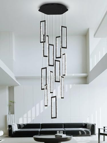 H158 Modern Chandelier 12 Rings Black Chandelier Lighting Fixture High Ceiling Chandelier Suitable for Living Room Staircase Villa