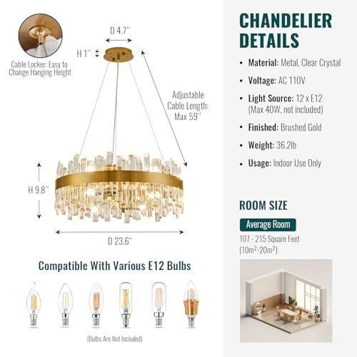 Modern Gold Crystal Raindrop Dining Chandelier Ceiling Light D23.6''