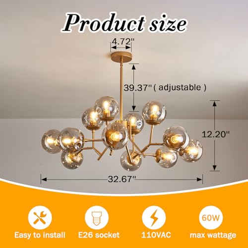 12 Light Modern Gold Sputnik Chandelier with Glass Globe