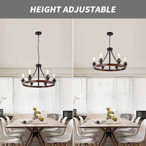 6 Light Farmhose Chandelier for Dining Room Light Fixture Faux Wood Kitchen Pendant Light Round Rustic Ceiling Hanging Lighting with Glass Globes Adjustable Height Metal E26