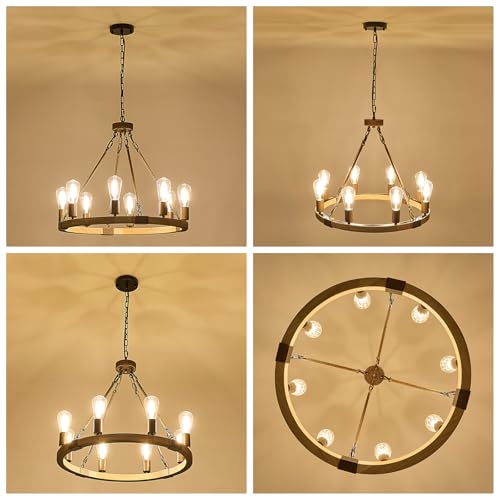 Farmhouse Wagon Wheel Chandelier 23.6" Wooden Rustic Light Fixtures 8