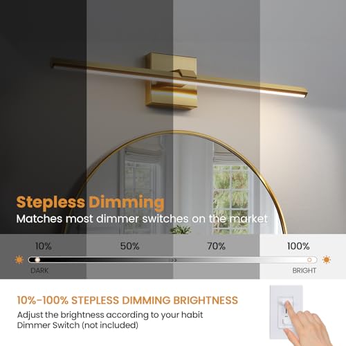 Gold LED Bathroom Vanity Light 24 Inch 18W Dimmable 5CCT Bathroom Lighting Fixtures Over Mirror Modern Brushed Gold Vanity Lights Bar for Bathroom Mirror Cabinets Bedroom