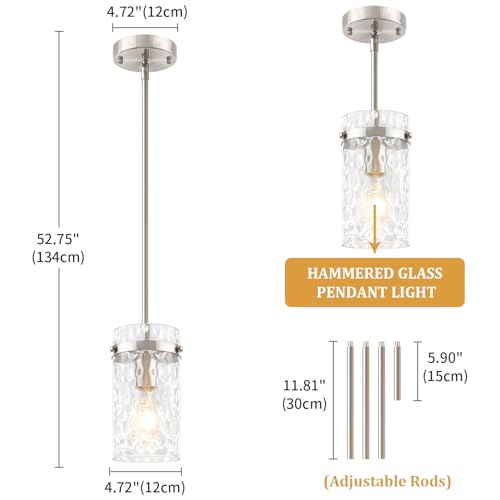 2 Pack Brushed Nickel Pendant Lights Kitchen Island Modern Hammered Glass (2 Count)