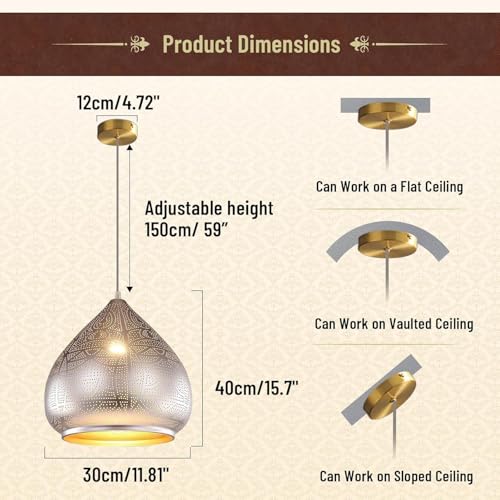 2 Pack Pendant Light Moroccan Chandelier Vintage Farmhouse Ceiling Hanging Light Fixtures Sliver Hardwire Flush Mount Pendant Light for Kitchen Island Dining Room Restaurant